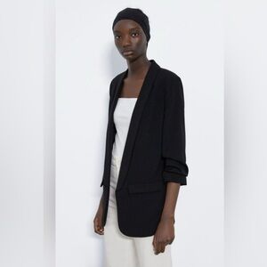 Zara Black Poly Viscose Ruched 3/4 Sleeve Open Front Boyfriend Jacket  size S